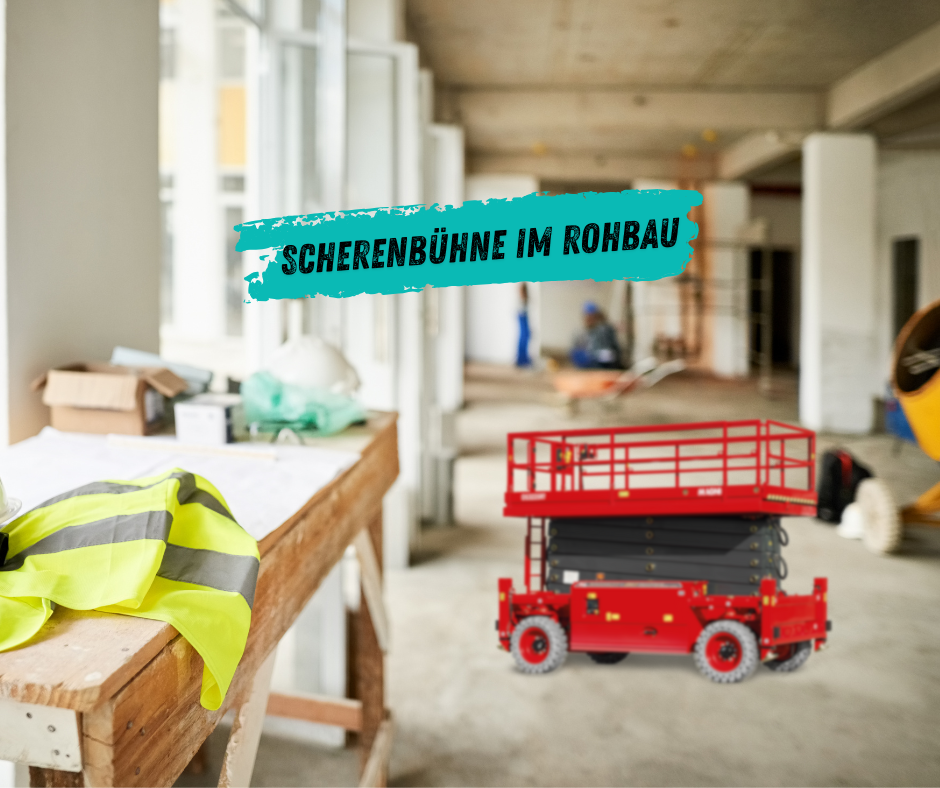 Scherenbühne im Rohbau einer Industriehalle bei Installationsarbeiten